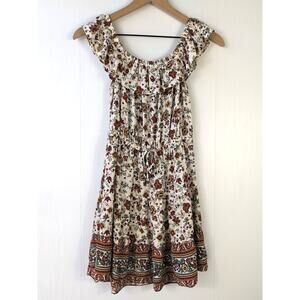 Bebop Boho Mini Dress S Floral Ruffle Hem Drawstring Waist Festival Summer